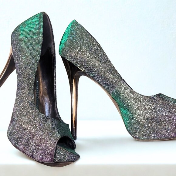 Carlos Bel Aire Platino Platform Green, Purple, and Gold Holographic 6" Peek Toe - Picture 1 of 7
